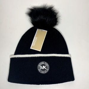 NWT Michael Kors Black Cuffed Beanie with Fur Pom